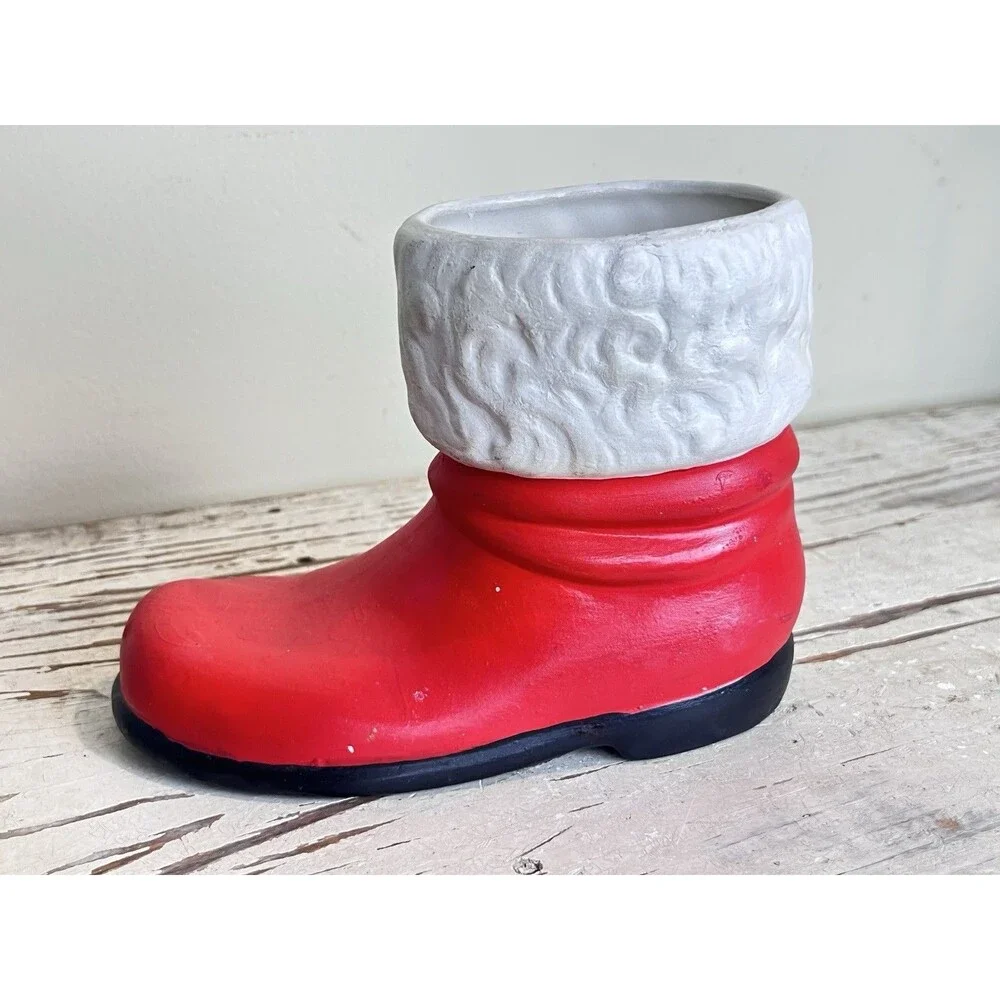 Vintage Hand Painted Ceramic Christmas Santa Boot Candy Cane Holder / Planter